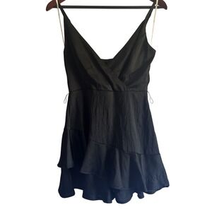 LULUS L Black Love That Blooms Satin Ruffled‎ Skort Romper Women Preowned